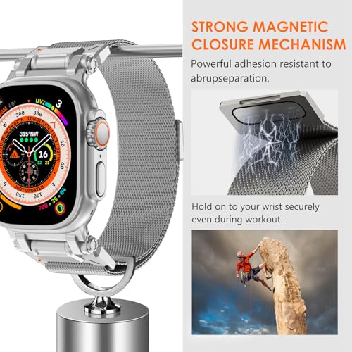 WINGLE Milanese Loop for Apple Watch Band Ultra 3/2/1 Band Ultra 49mm Series 11 10 46mm 45mm 44mm SE 3/2/1 Series 9 8 7 6 5 4 3 Men Women,Parachute-Style Buckle Stainless Steel Mesh Metal iWatch Bands - color: Magnetic Metal Mesh Loop-Silver