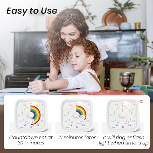 Yunbaoit Rainbow Visual Timer for Kids, 60-min Countdown Timer, White | Protective Case, No Ticking, Mute and Ringing Alarm Available, Time Management Tool, Low Power Reminder, for Study,Game,Work - color: White Rainbow