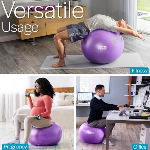 Core Balance Exercise Ball, Stability Ball for Yoga, Pilates and Fitness, Gym Ball for Home Gym and Office Chair, Training, Physical Therapy, Anti Burst, Pump Included, 55cm 65cm 75cm 85cm - color: Purple, size: L (23–26in | 58–65cm)