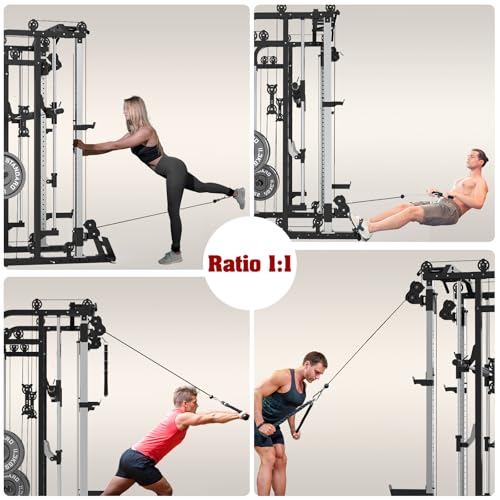 Smith Machine, Multifunctional Power Cage Rack with Smith Bar and Cable Pulley System, and LAT Pull Down Machine for Home Gym… - style: Power Cage with 140 Lbs Plates