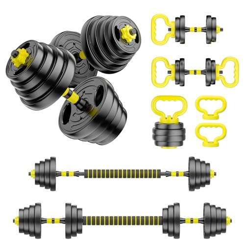 Adjustable Dumbbell Set, 10-90lbs Free Weights with Connector – 4 in 1 Dumbbells, Barbell, Kettlebell & Push Up Stand, Adjustable Weights Set for Home Gym Fitness Equipment for Men & Women - color: Yellow 70lbs (35lbs*2)