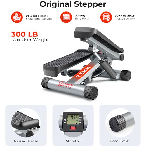 Sunny Health & Fitness Mini Steppers for Exercise at Home, Stair Step Workout Machine with Resistance Bands, Full Body Cardio Equipment, Optional Free SunnyFit App Connection Smart Stepper - color: Grey