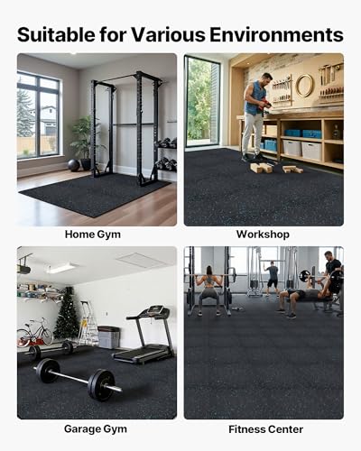 VEVOR 0.56Inch 96sq.ft 24 Tiles Gym Flooring for Home Gym, Rubber Top with High Density EVA Foam, 24 x 24In Gym Floor Exercise Equipment Mats, Interlocking Gym Mats, Puzzle Workout Mats, Black & Blue | Rubber Top with High Density EVA Foam, Lightweight Gy