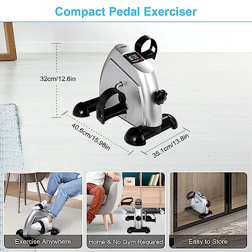 Mini Exercise Bike, AGM Under Desk Bike Pedal Exerciser Foot Cycle Arm & Leg Pedal Exerciser with LCD Screen Displays - color: Silver