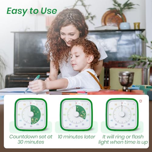 Yunbaoit Dinosaur Visual Timer for Kids, 60-min Countdown Timer, Green | Protective Case, No Ticking, Mute and Ringing Alarm Available, Time Management Tool, Low Power Reminder, for Study,Game,Work - color: Green Dinosaur