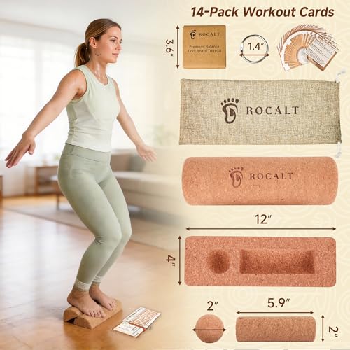 Rocalt Cork Balance Board, Foot and Ankle Strengthener Kit | 4-in-1 set with roller, ball, toe bands and guide, 12 x 4 x 4 in cork build, for runners, yoga and mobility