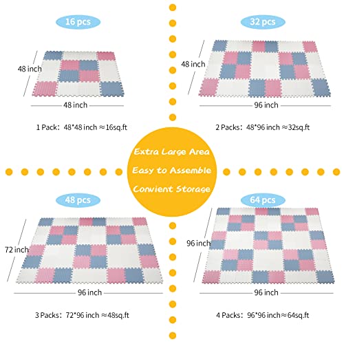 16Pcs Foam Play Mat, EVA Soft Interlocking Floor Mats, Solid Colored Foam Puzzled Floor Mats, Baby Play Mat Exercise Mats with Storage Bag(White/Pink/Gray Blue) - color: White/Pink/Light Blue, size: 16 Pcs/47.2*47.2