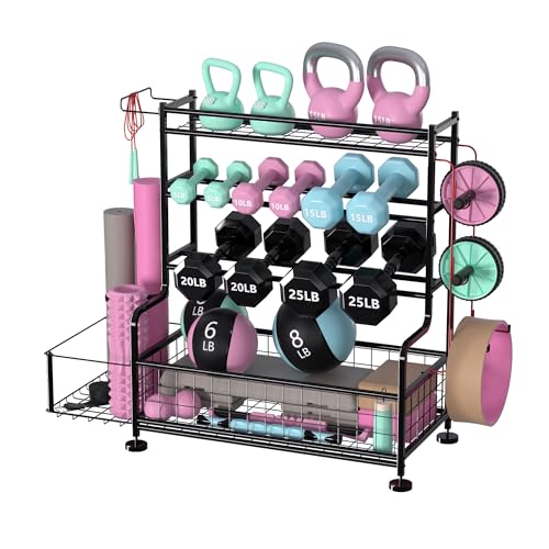 Garvee Dumbbell Rack, Weight Rack for Home Gym, Weight Rack for Dumbbells with Hooks, Home Gym Storage Rack for Yoga Mat Kettlebells and Strength Training Equipment, Powder Coated Finish Steel