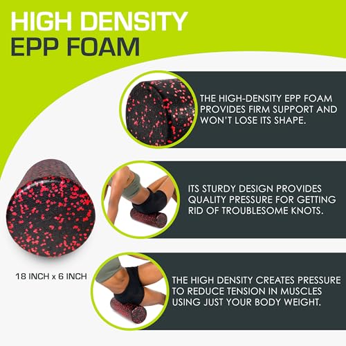 ProsourceFit High Density Foam Rollers 18 - inches long, Firm Full Body Athletic Massage Tool for Back Stretching, Yoga, Pilates, Post Workout Muscle Recuperation, Black/Red - color: Black/Red, size: 18"H x 6"D