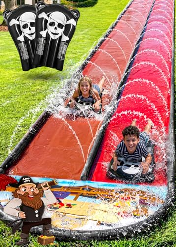 JAMBO Premium 22Ft Water Slide and 2 Bodyboards, Extra Long Heavy Duty Slip Splash and Slide with Inflatable Bumpers, Pirate Splash Mat Water Sprinkler, Outdoor Water Toys, Summer n Toy, Splash Pad - color: 22ft Pirate