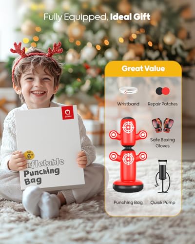 QPAU 360° Rotatable Punching Bag for Kids, Lager 64” Kids Punching Bag with Gloves, Hand Pump & 6 Targets, Bop Bag Inflatable Punching Toy, Karate Gifts for Boys, Girls - color: Red