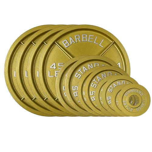 Gold Finish Olympic Steel Plates - Pairs and Sets 2 Inch Barbell Standard in Premium Gold for Weight Lifting - color: 265lb Set