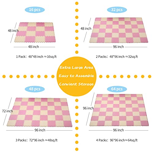 16 Tiles, 0.4 Inch Thicked Interlocking Floor Mats with Solid Colors, Squares Baby Play Mat, EVA Foam Puzzle Floor Mat Foam Mats for Kids, Baby, Toddlers (Beige/Pink) - color: Beige/Pink, size: 16 Pcs/47.2*47.2