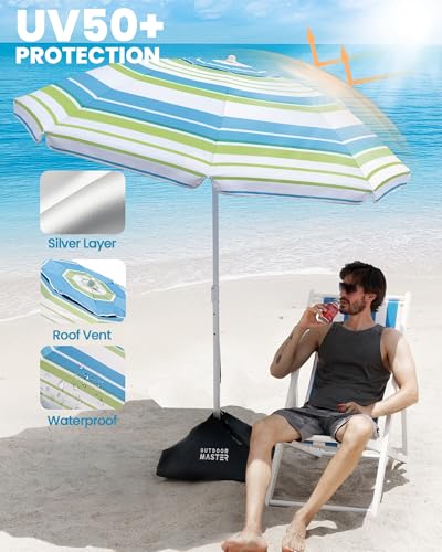 OutdoorMaster 7.2ft Beach Umbrellas for Sand with Sandbag & Anchor | 7.2ft Adjustable Umbrella for Beach, Wind Resistant, Portable UPF50+ Sunshade with Carry Bag for Patio - color: Blue Green Striped