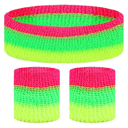 KICOSY Neon Headband & Wristbands Set, Vibrant Pink-Green-Yellow Accessory for Glow Party, 80s/90s Retro Style, Festival Outfits, Gym Workouts & Daily Fashion - color: Neon