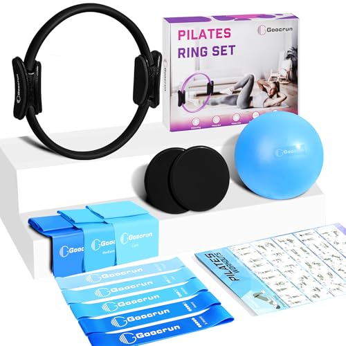 Goocrun Pilates Ring Set Exercise Equipment, with Exercise Resistance Bands Set, Pilates Ball, Sliding Disks. Portable Home Gym - with Fitness Guide Poster - color: Black, size: Basic-level
