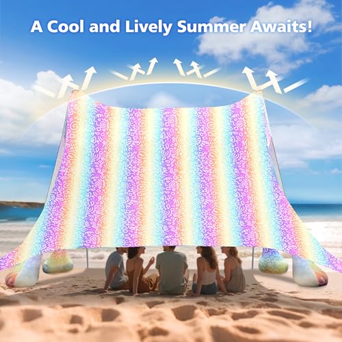 2PM SPORTS Beach Tent Sun Shelter 10x10 FT - UPF 50+ UV Protection, 8 Sandbags, Easy Setup, Portable Beach Shade Canopy for Family Picnic Camping Travel - color: Rainbow