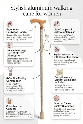 Asterom Canes for Women - Foldable, Adjustable, Collapsible - Fashionable Walking Cane for Women, Wooden Handle - color: Gold