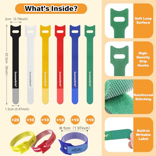 SummerBrite 70 Pack Multi-Color Cable Ties 8 Inch with Writable Labels, Reusable Cord Organizer Straps, Hook & Loop Wire Management for TV, Audio, Ethernet, Electronics & Heavy Duty Cords - color: Multicolored, size: 8IN