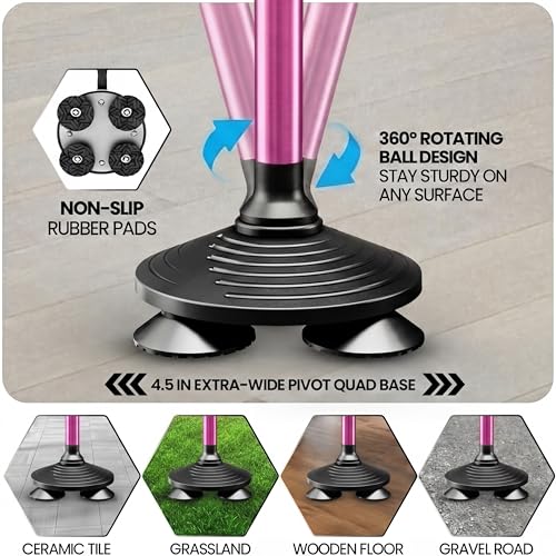 Allay Walking Canes for Men & Women - Adjustable Canes for Women for Stability, Self Standing Wide Quad Pivot Base, Light Weight, Soft Handle Grip and Travel Bag, Walking Sticks for Seniors - color: Pink