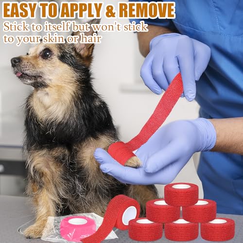 6 Pack 1 Inches Self Adhesive Bandage Wrap Breathable Cohesive Bandage Elastic Tape for Pets, Athletic, Sports, Wrist, Knee, Ankle(5 Yards Per Roll, Red) - color: Red, size: 1 Inch