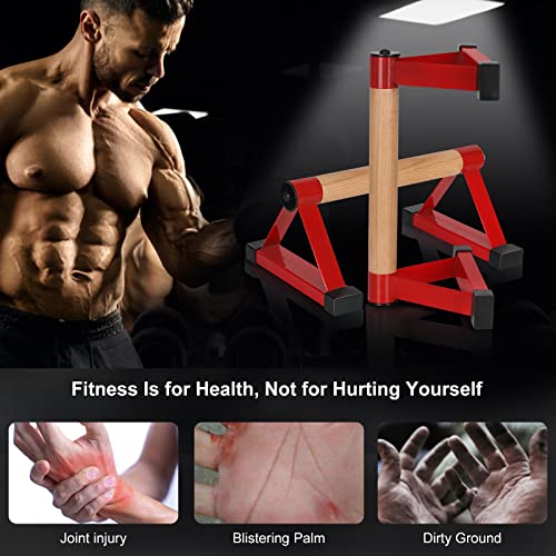 Wood push up bars Parallettes bars Anti-slip Handstand Bars for Calisthenics, Fitness, Floor workouts Solid Wood with Sturdy Metal Bracket, Support 500 lbs - color: Red