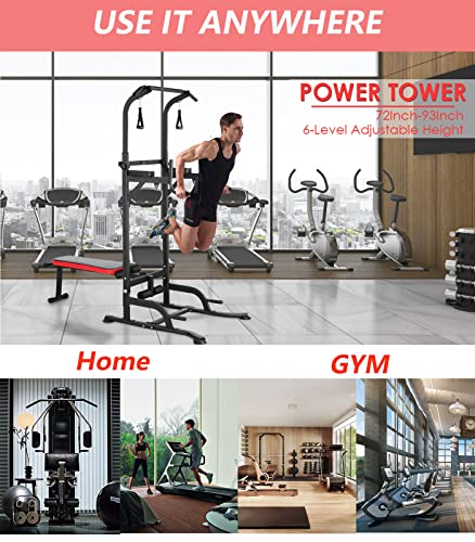 TLSUNNY Power Tower with Bench, Pull Up Bar Dip Station, Power Tower Dip Station, Training Workout Equipment, Height Adjustable Pull Up Tower w/Folding Bench 4 Ropes, Strength Training, Home Gym