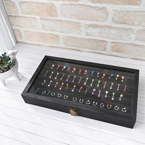 MOOCA Temper Glass Top Jewelry Display Case with Tempered Glass Lid and 54 Clip Body Jewelry Showcase Display Pad for Belly Button Rings, Tongue Rings, and Industrial Barbell Organizer, Black Color - color: Black Pad with Black Wood Case
