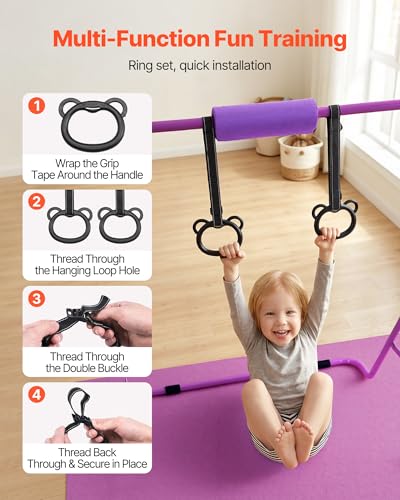 VEVOR Gymnastic Bars for Kids, 140 lbs Capacity Folding Training Kip Bar with Mat, 5 Adjustable Height Gymnastic Horizontal Bar Home, Training Equipment for Indoor Outdoor, Easy Assemble - color: Purple Mat