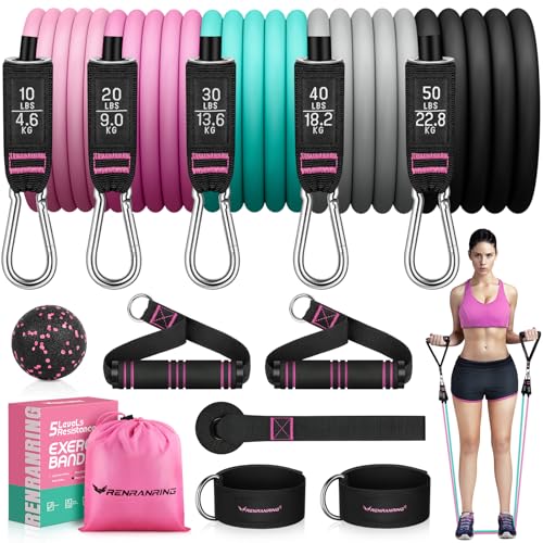 RENRANRING Resistance Bands for Working Out, 150LBS Exercise Bands, Workout Bands, Resistance Bands Set with Handles for Men Women, Legs Ankle Straps - color: Black, Gray, Blue, Medium pink, Pink, size: 51.0 inch