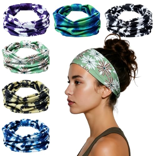 HSEM Sports Headbands for Women – 6 Pack Stretchy Non-Slip Wide Hair Bands – Soft Thick Elastic Sweatbands for Workout, Washing Face, Makeup, Running, Spa & Daily Fashion 1 Green Floral 5 Mixed 2-10 - color: X-Colorful-2-10