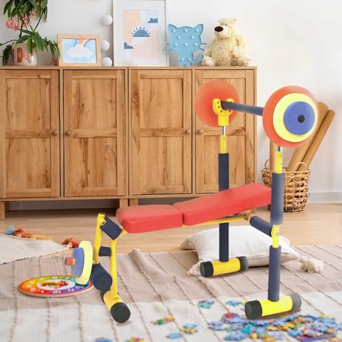 Redmon Fun & Fitness for Kids Adjustable Weight Bench Press Set w/ Barbell & Foam Weights | Barbell & Foam Weights