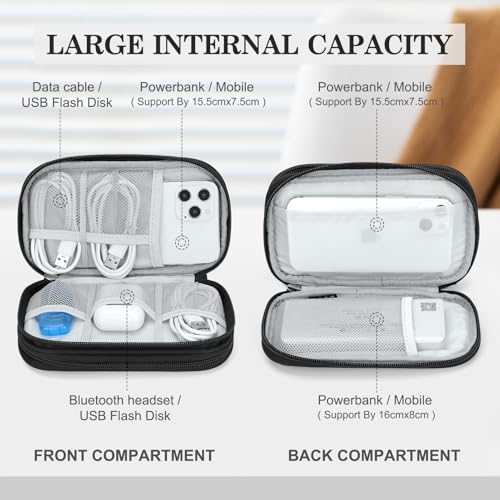 FYY Electronic Organizer, Travel Tech Pouch, Cable Organizer Black Quilted | Wrist Strap, Waterproof, Double Layers Portable Electronics Travel Carrying Case for Cord, Charger, Daily Business Trips Use - color: Black Quilted, size: Small