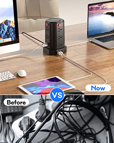 Power Strip Surge Protector, 16.4 Ft Extension Cord with 12 AC Multiple Outlets 4 USB (1 USB C), SMALLRT Power Tower Desktop Charging Station - color: Black, size: 16.4 ft