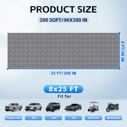 StellarStar 8x25 FT Garage Floor Mat, 2.8mm Thickened PVC Flooring Roll for Under Car, 200 SQFT Diamond Plate Gray Garage Mats for Garage, Warehouse, Basement, Factory, Trailer (Include Tapes) - color: Gray, size: 8x25 FT