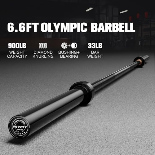 RitFit Elite 7ft Olympic Barbell, Robust 45lb Barbell for Weightlifting and Powerlifting, Superior Olympic Bar with Exceptional 500lbs Load Capacity, Weight Bar for 2” Standard Plates - color: Black, size: 6.6 ft 900 lb 33 lb without Collar