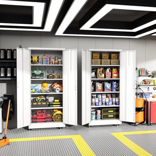 Greenvelly Metal Garage Storage Cabinet with 4 Swivel Wheels, 73" White Storage Cabinet on Wheels, Rolling Tool Cabinet with Locking Doors and Shelves for Garage, Basement, Home, Warehouse - color: White, size: 73 Inch