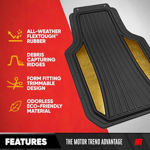 Motor Trend ChromeTech Car Floor Mats Full Set - Durable Rubber Floor Mats for Cars with Two Tone Accent, All Weather Interior Protection for Front and Rear with Non-Slip Backing, Black/Gold - color: Black & Gold