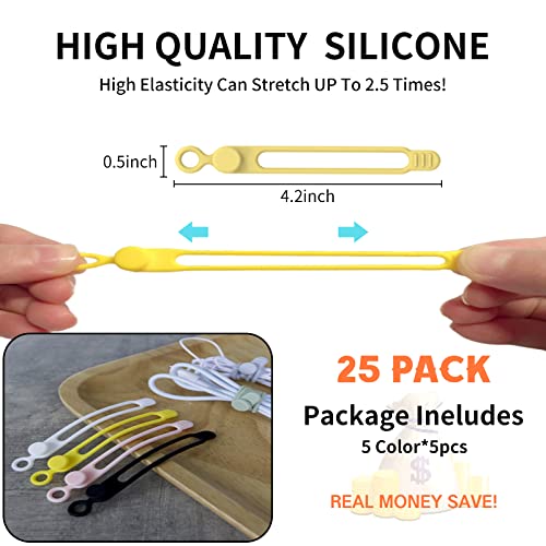 [25Park]UMUST Silicone Cable Ties,Reusable Cable Management Organizer,Cable Straps,Cord Ties,Multipurpose Elastic Cord Organizer for Bundling and Fastening Cable Cords Wires(Multi -colored) - color: 25pcs-[black,white,pink,green, Yellow], size: 4.2Inch