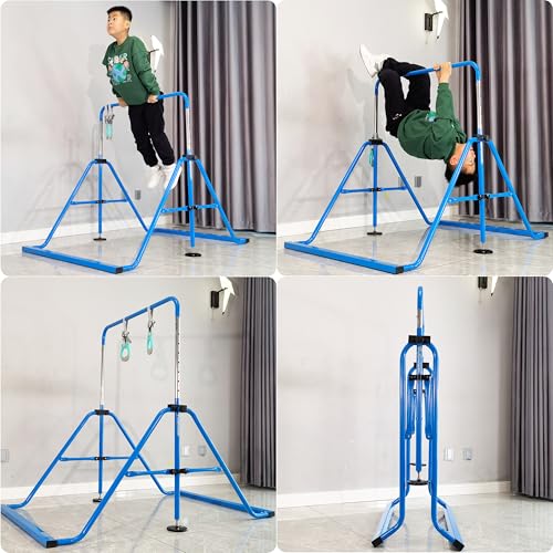 Folding Gymnastics Bar with Rings, Foldable Kip Bar with Sturdier Base, Training Bar for Kids Ages 3-10, Horizontal Bar, Home Gym Equipment for Boy Girl - color: Blue, style: Foldable Bar