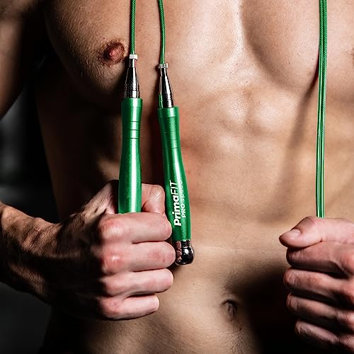 PrimaFIT Pro Speed Jump Rope for Adults, Weighted Skipping Rope for Boxing | Adjustable Jumping Rope for Fitness Workout & CrossFit Exercise, Double Unders, Handle Weights, 3m Cables 2 Protectors, Bag - color: Green