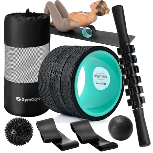 GymCope 5-in-1 Foam Roller Set with Back Roller, Massage Roller Stick, Spiky Ball, Fascia Ball and Stretch Band, 6 Inch Yoga Back Stretcher for Deep Stretch, Posture Support and Home Workout Recovery