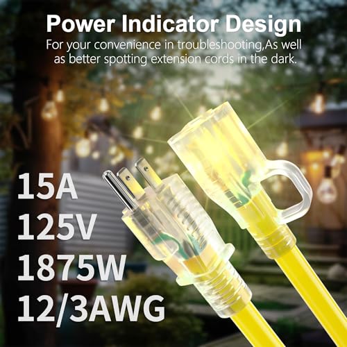 HUANCHAIN 12/3 Gauge Heavy Duty Outdoor Extension Cord 10 ft Waterproof with Lighted end, Flexible Cold-Resistant 3 Prong Electric Cord Outside, 15Amp 1875W 12AWG SJTW, Yellow, ETL - color: Yellow, size: 10FT