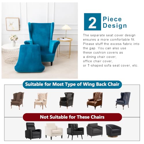 NILUOH Thick Velvet Wingback Chair Slipcovers 2-Piece, Stretch Wing Chair Covers Soft Sofa Slipcover Wing Back Armchair Cover Furniture Protector for Living Room - color: Cyan Blue