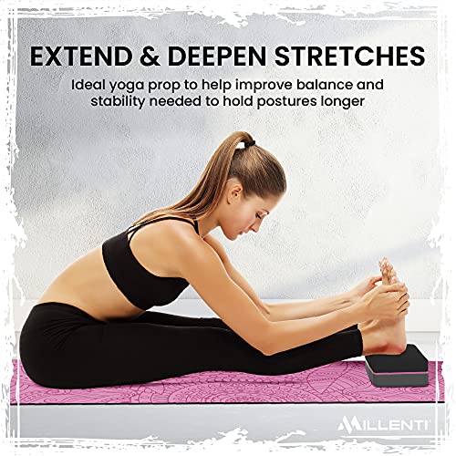 Millenti Gray Black Yoga Block Yoga Brick - Sold as Single EVA Foam Block, Bevelled Edge, Non-Slip, Latex-Free Block with a Workout Chart 9x6x4” - color: Pink