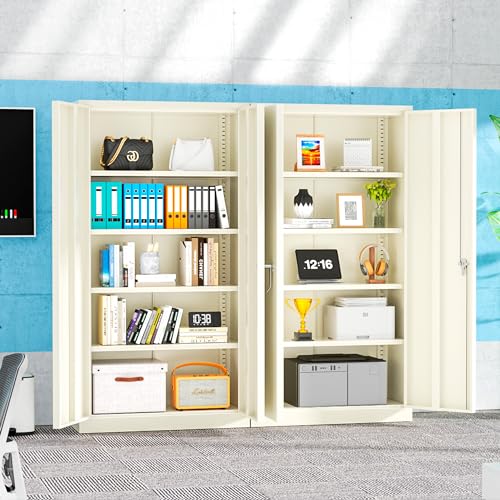 Superday Locking Metal Cabinet 72"×36"×18", Tall Storage Cabinet with 2 Doors and 4 Shelves, Large Metal Steel Utility Cabinets for Garage Tool Office File Pantry (Putty) - color: Putty, style: 72"