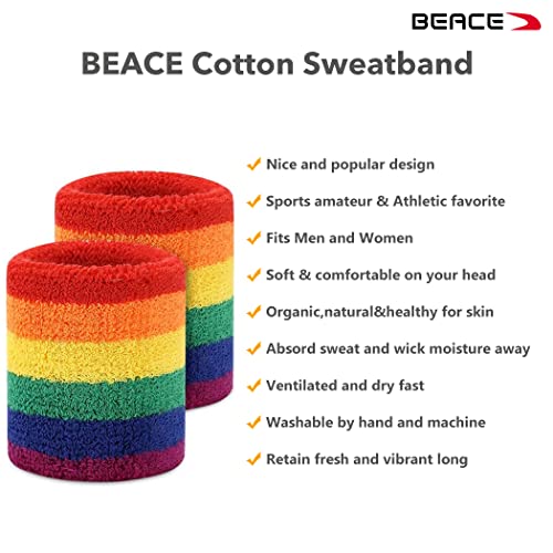 BEACE Sweatbands Sports Wristband for Men & Women - Moisture Wicking Athletic Cotton Terry Cloth Sweatband for Tennis, Basketball, Running, Gym, Working Out - color: Rainbow