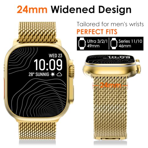 WINGLE Milanese Loop for Apple Watch Band Ultra 3/2/1 Band Ultra 49mm Series 11 10 46mm 45mm 44mm SE 3/2/1 Series 9 8 7 6 5 4 3 Men Women,Parachute-Style Buckle Stainless Steel Mesh Metal iWatch Bands - color: Gold
