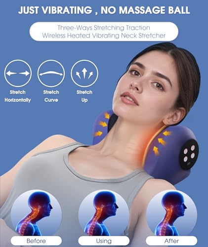 Neck Stretcher Cervical Traction Device,3 Adjustable Modes Neck Traction Device Portable Wireless Heated Neck and Shoulder Relaxer Corrector Pillow for TMJ Pain Relief and Cervical Spine Alignment