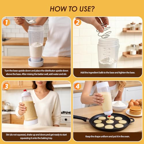Pancake Batter Dispenser Bottle Kit with 7 Accessories, 1000ml Silicone Squeeze Pancake Mixer Bottle with Whisk Ball and Stand Base, Pancake Shaker Bottles for Cupcakes Muffins Waffle Crepes(2pack) - color: White
